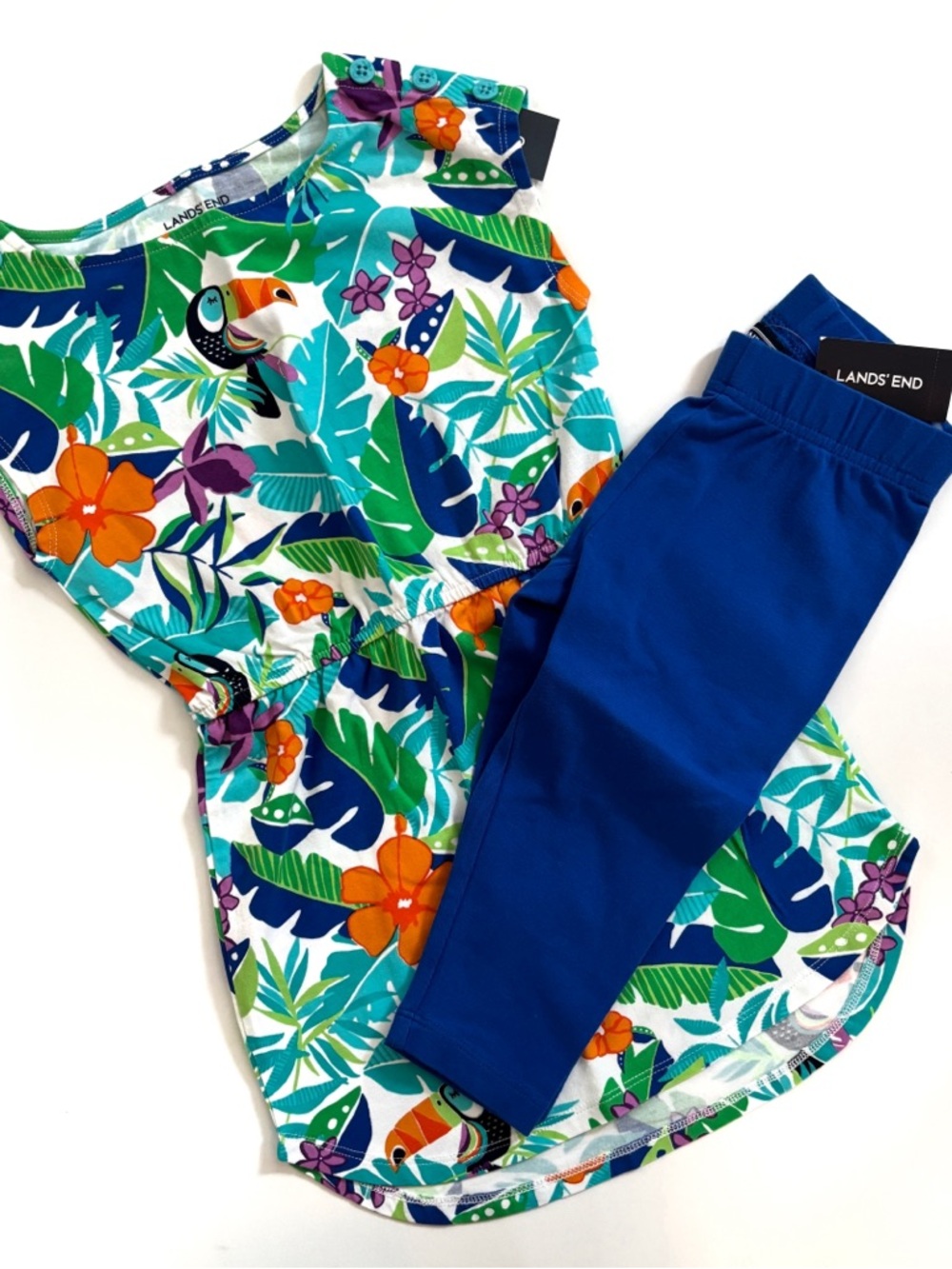 Lands' End Tropical Toucan Floral Dress with Royal Blue Capri Leggings